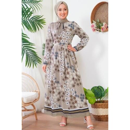 Floral Pattern Collar Scarf Chiffon Black Dress -muslim dress women abaya kaftan modest dress abayas for women abaya turkey turk