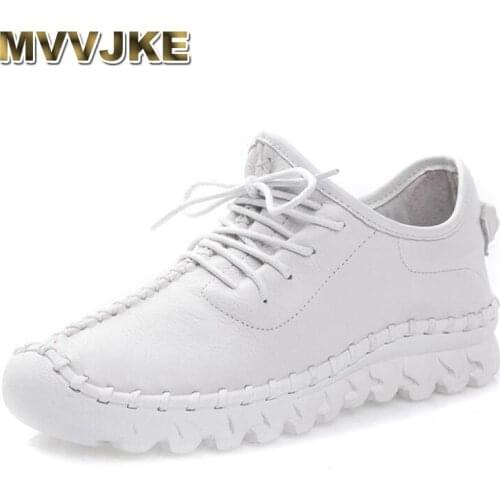 MVVJKE 2018 New Handmade Genuine Leather Women Shoe Sneakers Casual Shoes For Women Flat Shoes Ladies Lacing Loafers Zapatos
