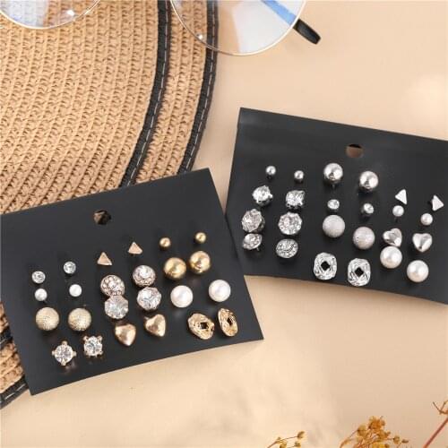 2020 New 12 Pairs /Pack metal gold color Stud Earrings Crystal Set Piercing Earring for women Elegant Jewelry Fashion Gift