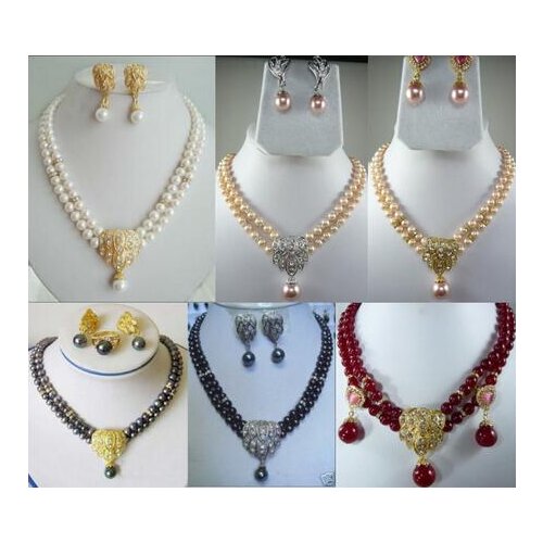 2row white/pink/black freshwater 8-9mm pearl necklace shell pendant earring jewelry set