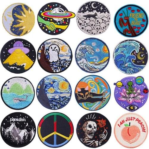 Van Gogh Patches On Clothes Round Patch Space Wave Embroidered Patches For Clothes DIY Applique Iron On Patch For Clothes Badge