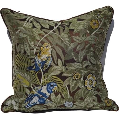 DUNXDECO American Country Style Cushion Cover Couch Decorative Pillow Case Vintage Forest Green Leaf Parrot Jacquard Sofa Chair