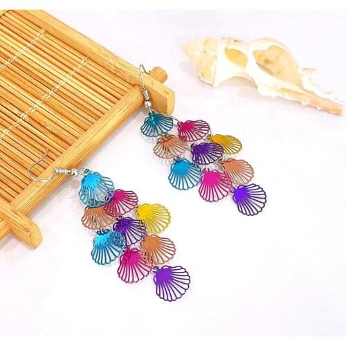 New Fashion Colorful Shell Dangle Earrings Hollow Out Long Pendant Alloy Earrings Women Creative Boho Beach Wedding Party Gifts
