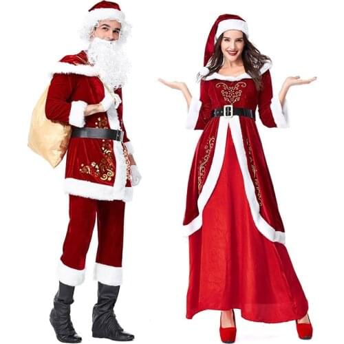 New Year Christmas Cosplay Costumes Santa Claus Deluxe Velvet Red Jacket Dresses White Beard Wig For Adults Women Men Clothes