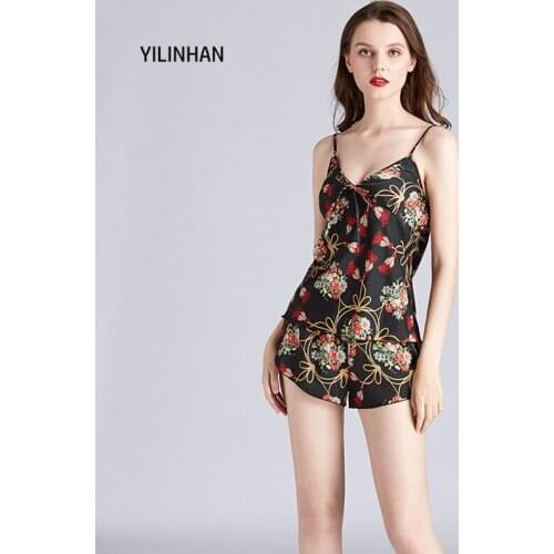YILINHAN PajamaSetsSleepwear Women Night Gown Sexy Silk Underwear Print Thin Sling Two Piece Set Fashion Women Shorts de Costume