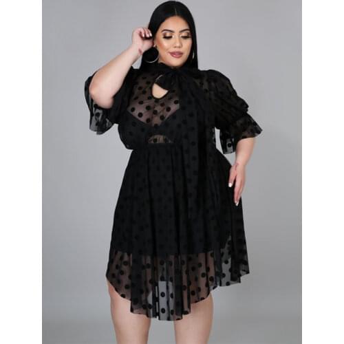 See Through Dresses Black Polka Dot Women Irregular Empire Transparent Half Sleeve African Dress Plus Size 4XL 5XL Party Robes