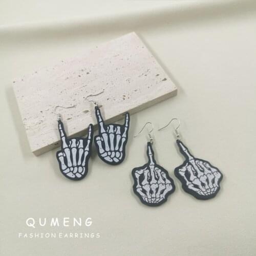 QUMENG Creative Funny Punk Skull Hand Gestures Acrylic Pendant Earrings 2021 Halloween Party Quality Jewelry Sell Hot Cakes