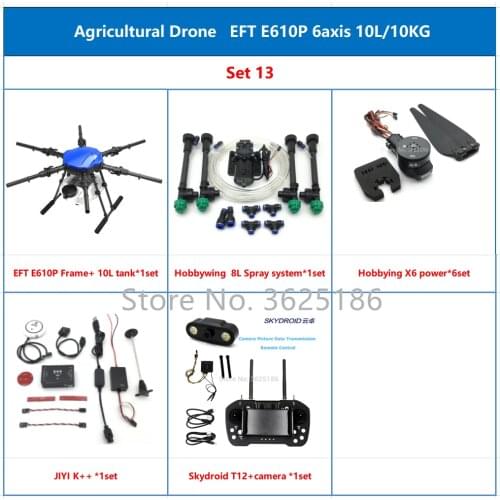 EFT E610P E610 Six-axis 10L 10KG Agricultural Spray Drone Frame Kit with Hobbywing X6 Power VK K++ FC VD32 T12 MK15 RC Kit