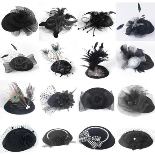 Wedding Bridal Black Fascinators Pillbox Hat Vintage Feather Bow Bead Veil Flower Hair Clips Women Party Cocktail Hairpiece