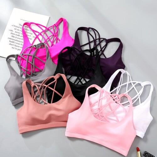 Running Gym Training Workout Yoga Underwear Crop Tops Fitness Sports Bra for Women Push Up Wirefree Padded Crisscross Strappy