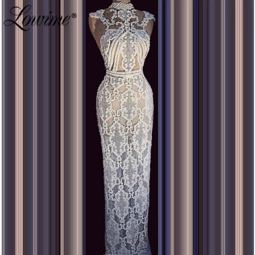 Ivory Pearls Dubai Arabic Evening Dresses 2020 Illusion Runaway Party Dress Celebrity Dresses Woman Party Night Wedding Gowns
