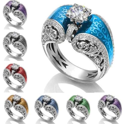 Huitan Vintage Hollow Out Twine Design Seven Color Available Finger Ring Creative Clear Cubic Zircon Prong Setting Accessories