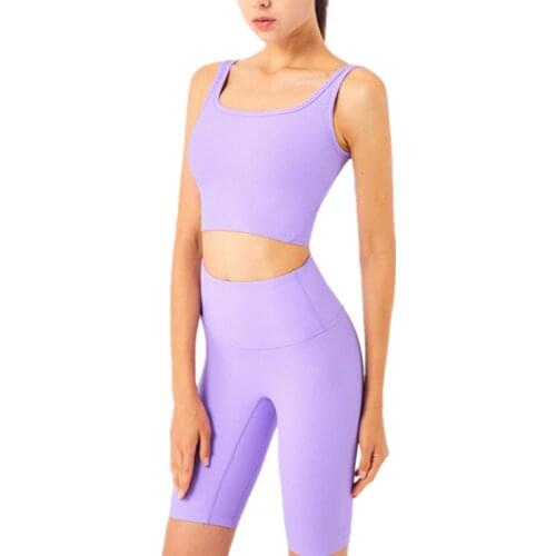 Women Gym Yoga Sets Comfortable Ribbing Sport Vest With Pad+ High Waist No T Line Five Points Shorts 2 Pcs Running Workout Suits
