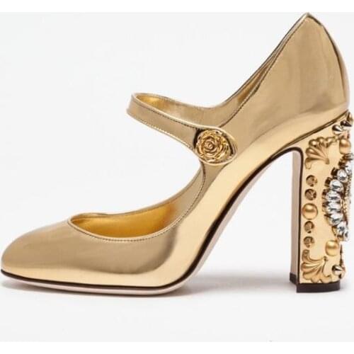 Vintage Watch Clock Crystal Heel Women Pump Chunky High Heels Mary Jeans Shoes Chuassure marriage High Heel Dress Shoes