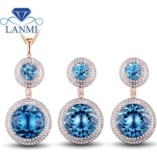 Women Fine Jewelry Sets Fantastic Blue Topaz Party Drop Earrings Two Gemstones Pendant Solid 14K Rose Gold Beauty Wedding Sets