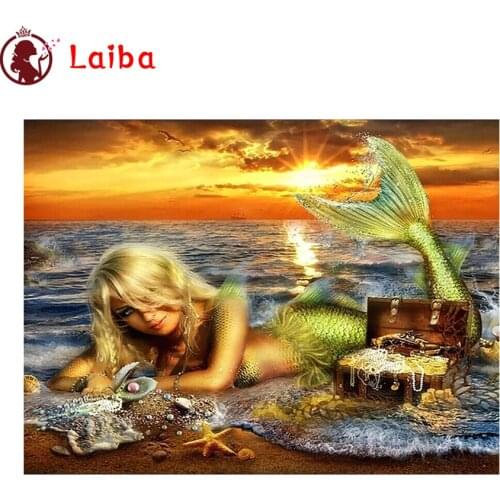 Diamond Embroidery Sunset Beach Mermaid Jewels Picture Diamond Painting Full Square round drill Mosaic Cross Stitch Wall Art