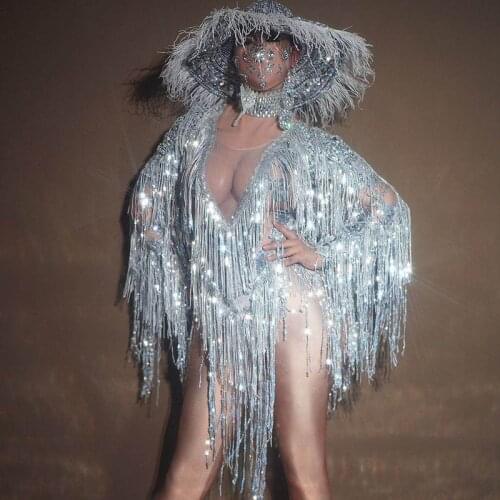 Sparkly Silver Sequin Fringes Bodysuit Hat Performance Costume One-Piece Dance Wear Singer Stage Leotard Rave Festival Clothing