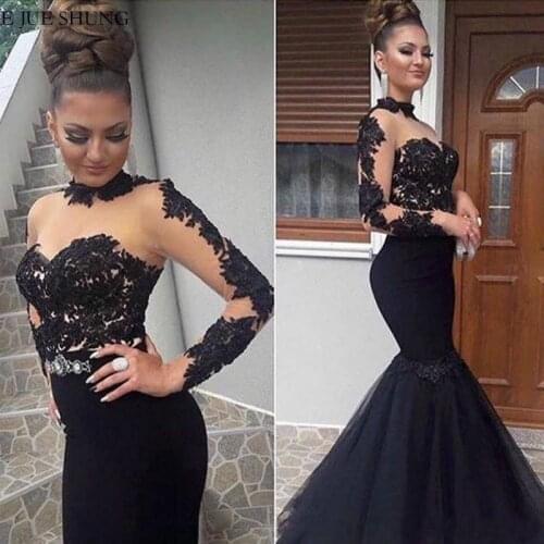 E JUE SHUNG Black Lace Appliques Long Evening Dresses 2020 High Neck Long Sleeves Formal Dresses Evening Gowns
