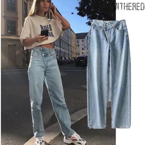 Jenny&Dave woman high waist jeans INS fashion blogger high street vintage washed asymmetric waist mom jeans boyfriend jeans