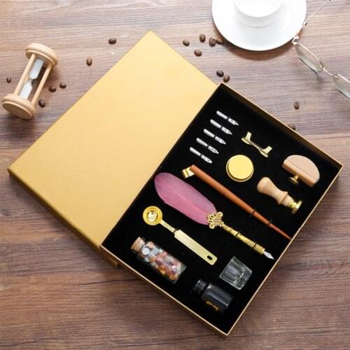 European Feather Pen Fire Lacquer Seal Wax Set Dip Pen Fountain Retro Fire Lacquer Birthday Gift Pen Set Calligraphy Stationery