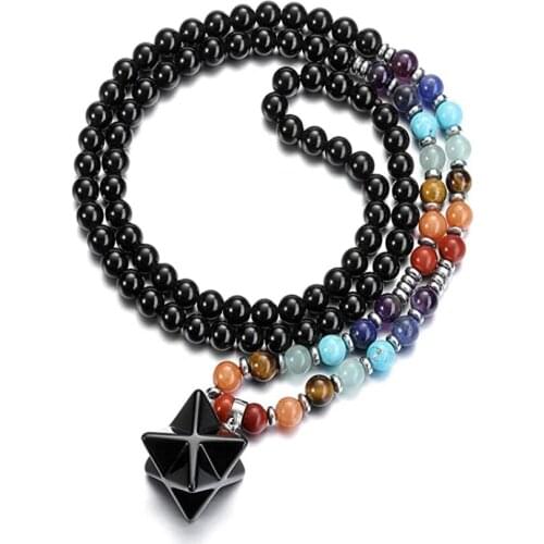 FYSL Silver Plated Star Point Black Agates Pendant Long Beads Chain Necklace Transfer Lucky Gift Healing Chakra Jewelry