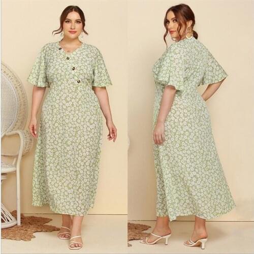 Kaftan Plus Size Women Print Short Sleeve Maxi Dress Fashion Spring Buttons Long Dresses Dubai Abaya Muslim Party Gown Vestidos