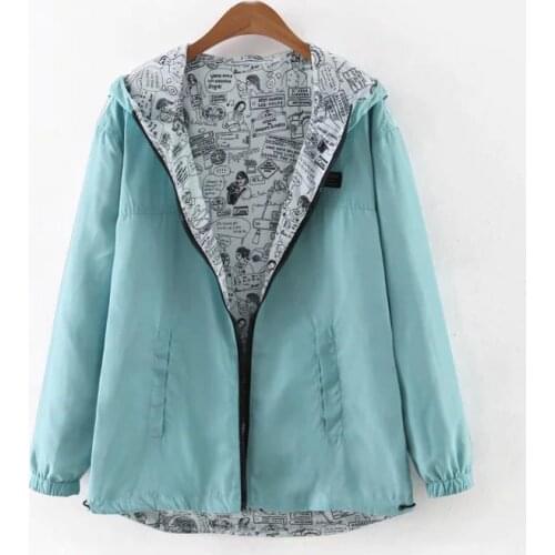 2020 Spring Autumn Women Basic Jacket Coat Two Side Wear Cartoon Print Pocket Zipper Hooded Jackert Windbreaker Outwear Female
