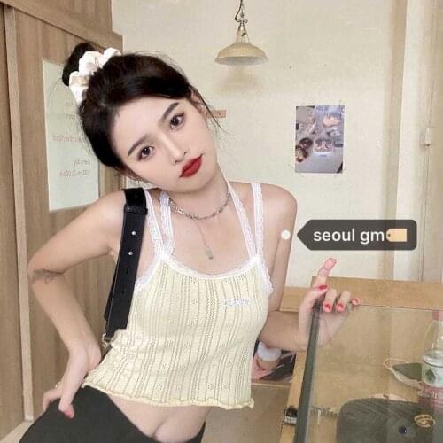 Tank top womens sling vest camis hanging neck lace bottoming outside crop top Slim women summer all-match short blouse girl emo