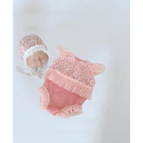 Cute Pink Romper Suit And Hat Set Newborn Photography Props Lace Side Bonnet Baby Girl Outfit For Photo Shoot Prop