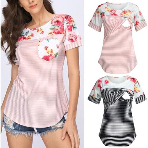 Multi-functional Pregnant T-Shirt Woman Breastfeeding Summer Casual Short-sleeve Floral Striped Patchwork Nursing O-Neck T Shirt
