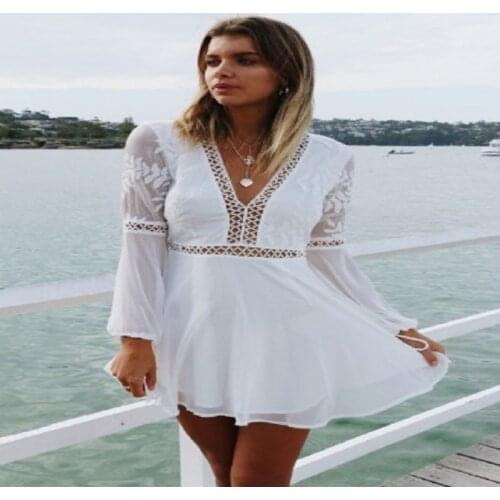 New 2019 Women Summer Dress Lady Sexy Deep V-neck Backless Ruffles Holiday Beach White Mini Dress Plus Size