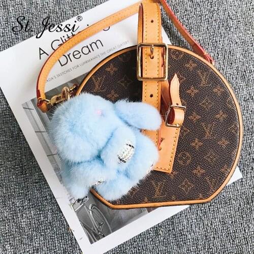 Luxury Fur Chains Real Mink Fur Cute Bunny Rabbit Keychain Crystal Feet Ladys Bag Charm Holder Car Key Ring Fluffy Pendant Chain