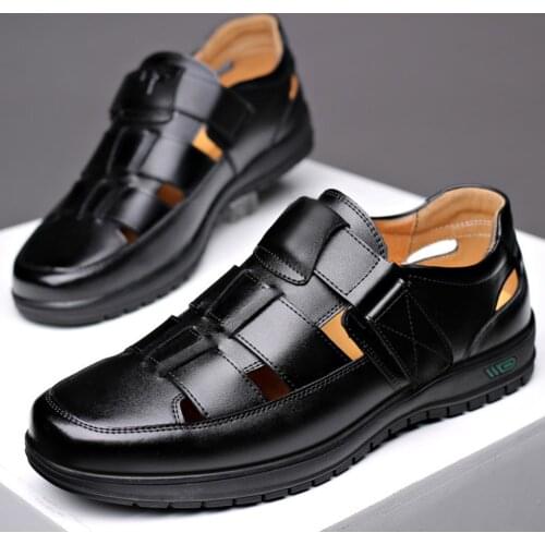 Mens Sandals Summer Genuine Leather Sandals Business Breathable Office Shoes Soft Men Handmade Hollows Roman Sandlias Footwear