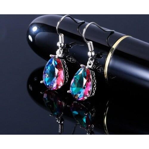 Fashion Women Silver Color Filled Round Mystic Rainbow Topaz Gemstone Hook Earrings Zircon CZ Earrings Jewelry Gift