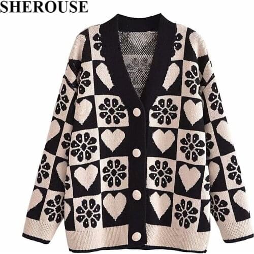 SHEROUSE 2021 Fashion Women Jacquard Knitted Cardigan Long Sleeve V-Neck Vintage Heart Pattern Knit Sweater Woman Chic Tops