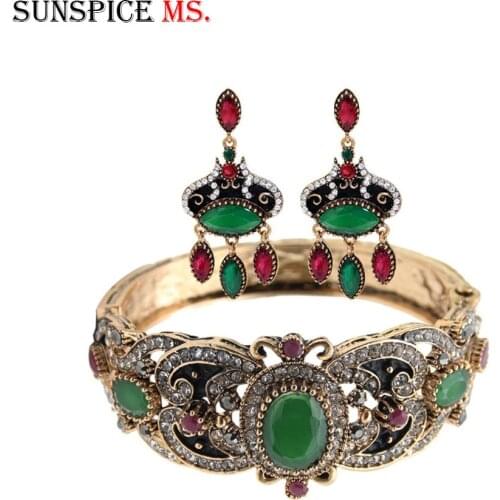 Sunspicems Vintage Turkish Resin Bangle Earring for Women Wedding Jewelry Rhinestone Retro Gold Color Antique Jewellery Gift