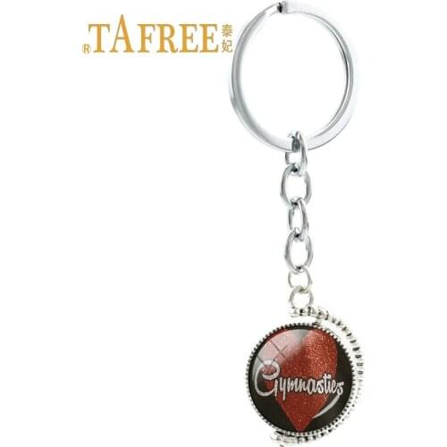 TAFREE Vintage double sides pendant keychain I love gymnastics Art photo wedding Sports gymnastics souvenirs key holder GY105