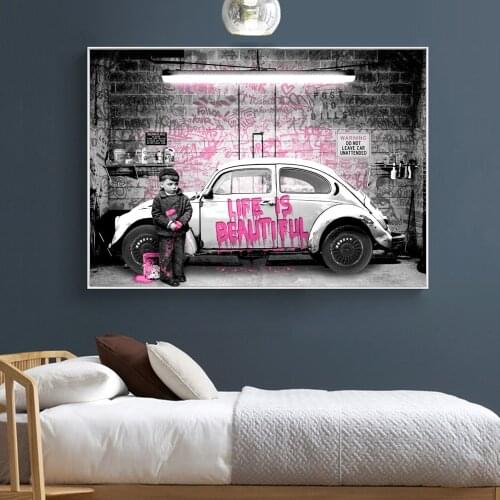 Street Graffiti Car Wash Boy Canvas Painting on Canvas Posters and Prints Life is Beautiful Wall Art Pictures for Living Room