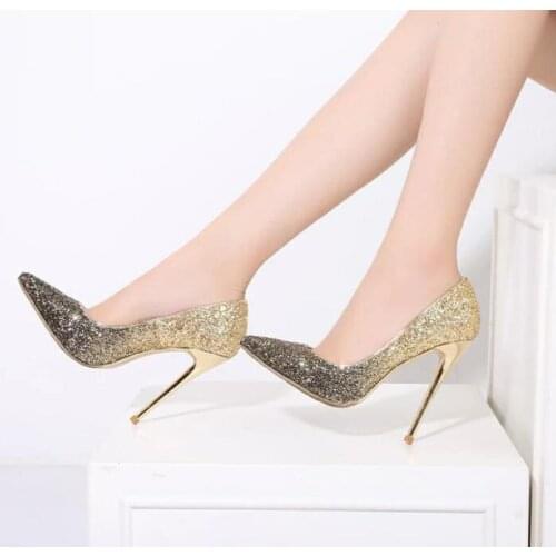 Sestito Hot 2019 Ladies Bling Bling Glitter Gradient Super High Heels Dress Wedding Office Shoes Woman Slip-on Spring Pumps