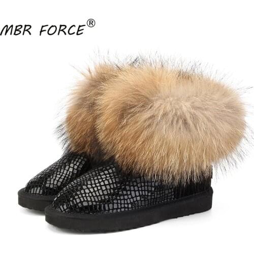 MBR FORCE Women natural real fox fur snow boots fashion boots for women high quality genuine cow leather winter Ankle boots