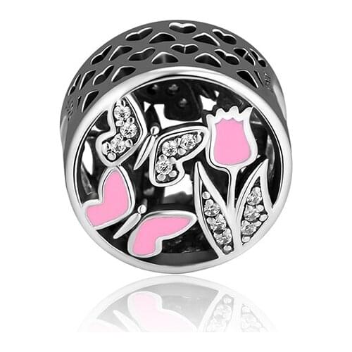 Fandola CKK 925 Sterling Silver Butterflies & Flowers Charm Fits Pandora Bracelet Charms Women gros bracelet papillo,Pink Enamel