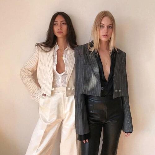 Y2k Grey Striped Short Blazer Suit with Arm Tie 2021 Women Summer Single Button Casual Office Blazer Lady Cool Sweet Short Suit