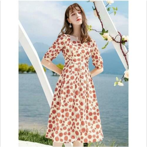 Summer new womens fashion polka dot print skirt back bow slim long dress TT-03