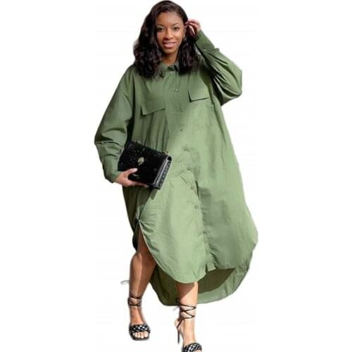 Plus Size Shirt Dress Women 3XL 4XL Loose Casual With Pocket Gown 2021 New Fashion Solid Streetwear Y2k Maxi Long Dress Vestidos