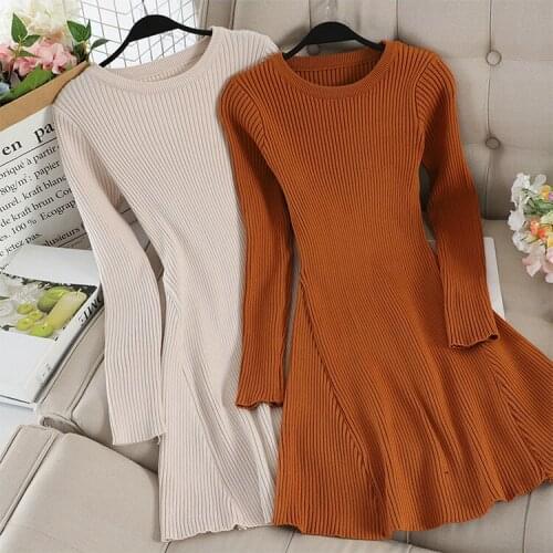 Autumn Winter Black Sweater Dress Women Slin A-line Vintage Dresses Ladies O-neck Long Sleeve Knitted Short Dress