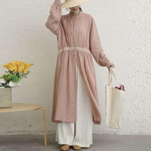 Johnature New Vintage Linen Women Dress 2021 Autumn Ruffles Collar Loose Button Embroidery Waist Irregular Female Dresses