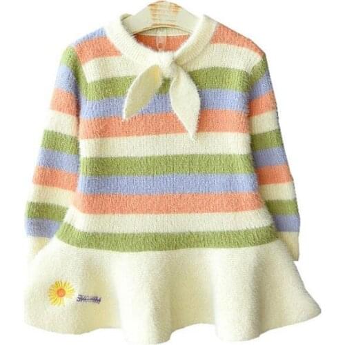 DFXD 2-7Yrs Baby Girls Long Sleeve Bow Rainbow Dress Fashion 2020 Autumn Colorful Striped Mink Cashmere Dress Toddler Clothes