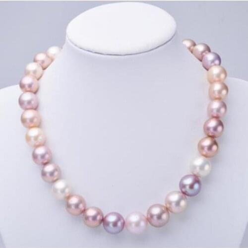 Elegant natural 12-14mm south sea round multicolor pearl necklace 18inch 14k
