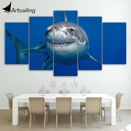 HD Printed 5 Piece Canvas Art Great White Shark Wall Pictures for Living Room Modern Free Shipping Canvas Painting NY-7406C