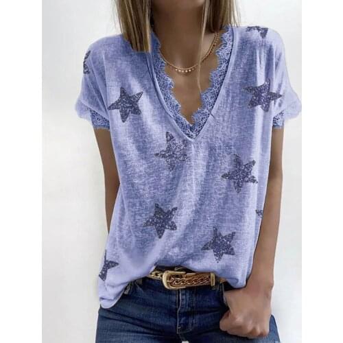 Summer short sleeve v neck lace trim patchwork star print t shirt,tee shirt grande taille femme 5xl,one piece green purple gray